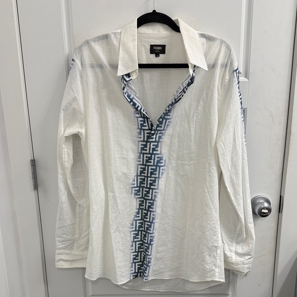 Fendi White Monogram Linen Button down Shirt White and Blue Design - Picture 1 of 4